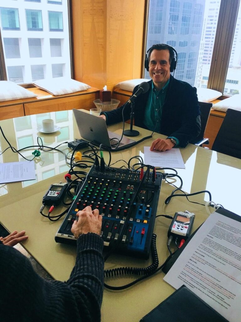 voiceover artist recording in an office