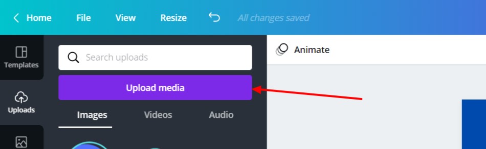 Canva upload media window
