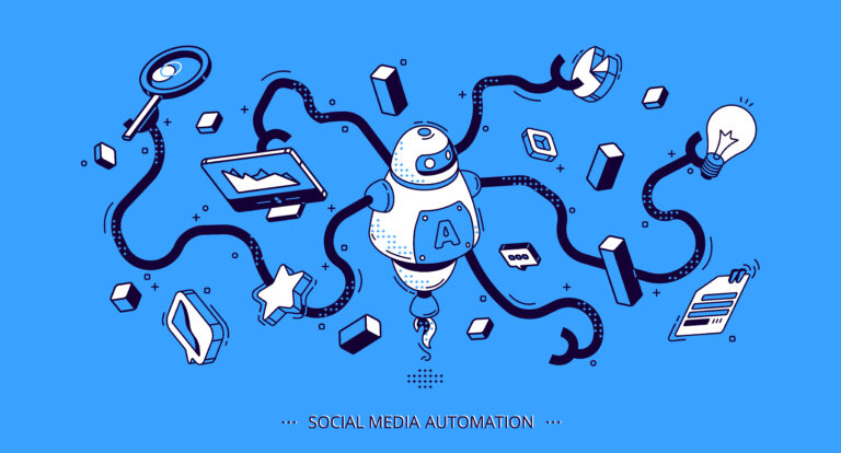 Social media automation isometric banner. SEO