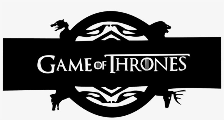 Game of Thrones wordmark surrounded by heads of a stag, lion, wolf, and dragon