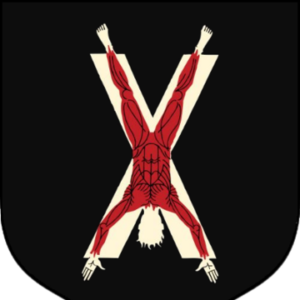 House Bolton sigil of a bloody, upside-down flayed man, bound to an upright x-shaped rack