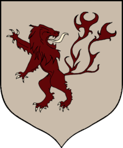 House Reyne’s snarling red lion with a flaming tail, over a gray background